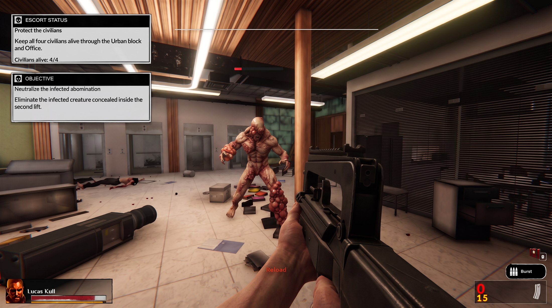 Road from Horno first-person combat encounter inside an occupied civic building